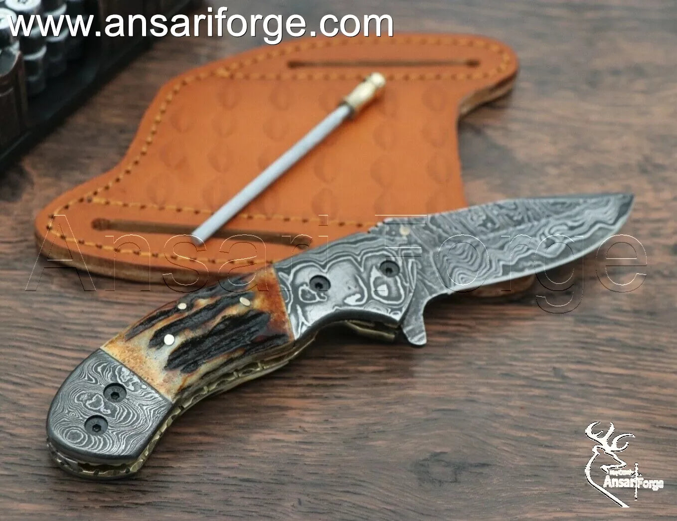 Authentic Stag Handle Knife grip detailing the natural texture and 304 stainless steel spine file work