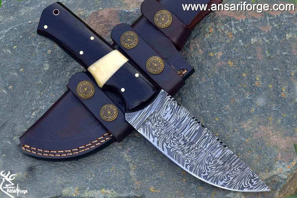 Handmade Hunting and Camping Bushcraft Knife Damascus Steel 8.5 Inches EDC Fixed Blade Knife with Leather Sheath  .