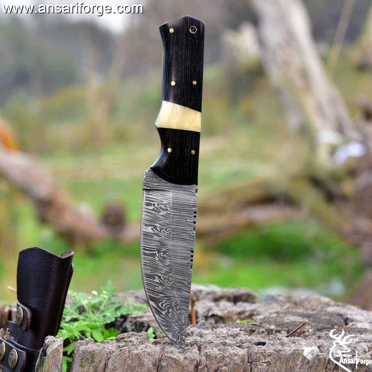 Handmade Hunting and Camping Bushcraft Knife Damascus Steel 10 Inches EDC Fixed Blade Knife with Leather Sheath