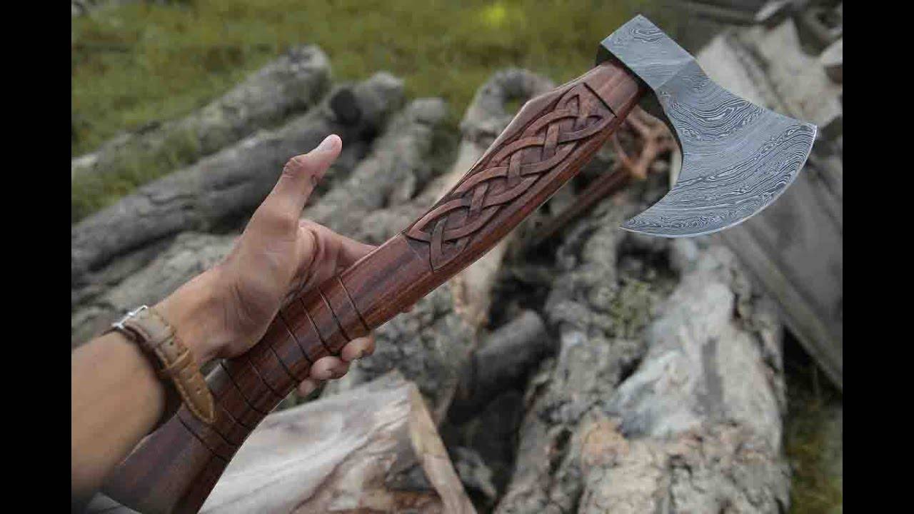 Forged Damascus Steel Axe With Viking Valknut Carved Handle