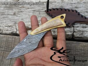 7.5 Hand Forged Damascus Steel Gut Hook Skinning Knife, Natural Bone Scale  Handle , Full Tang Blade Twist Pattern Drop Point Hunting Blade, Cow Hide  Leather Sheath