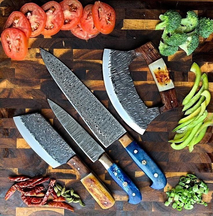 Handmade Damascus Steel Steak Knives Set, Kitchen Knives, Damascus Chef Set,  BBQ Chef Set, Hand Forged Chef Knives, Anniversary Gift for MEN 