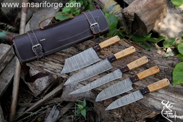 Damascus steel kitchen knives set of 5 chef knife with roll bag
