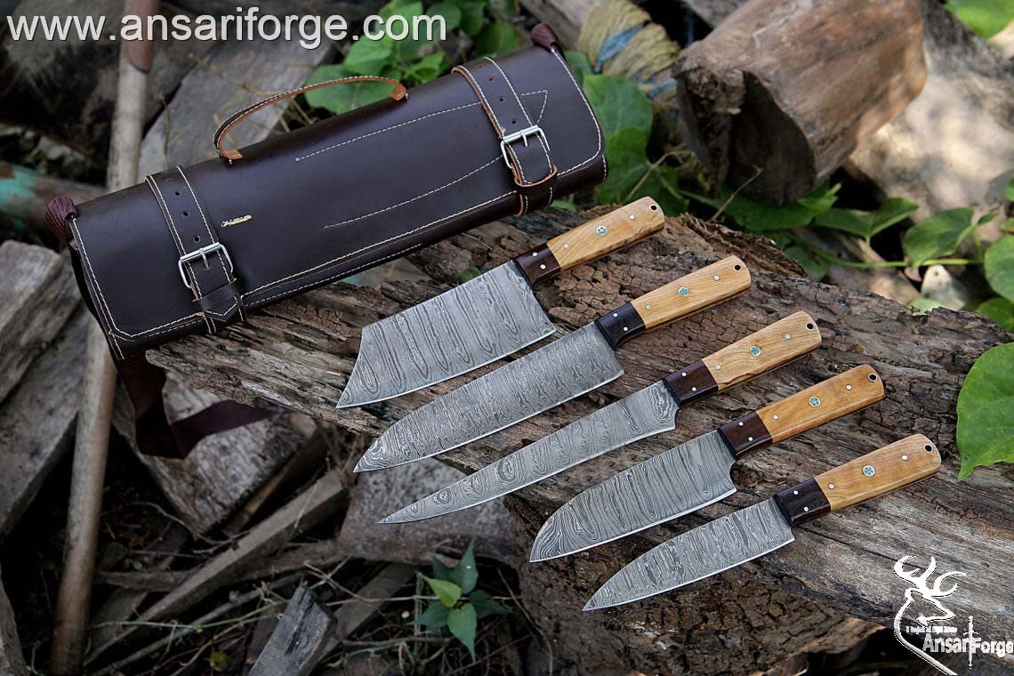 Damascus steel kitchen knives set 5 Chef knife with roll bag