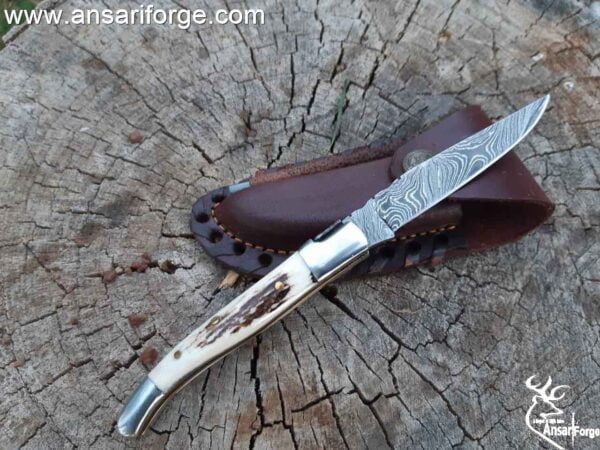 Handmade Damascus steel French Traditional Folding Blade Pocket Knife With Knife Sharpener  Best For Hunting , Camping , EDC & Kitchen Works . Laguiole folding knife with damascus blade - Collector edition 