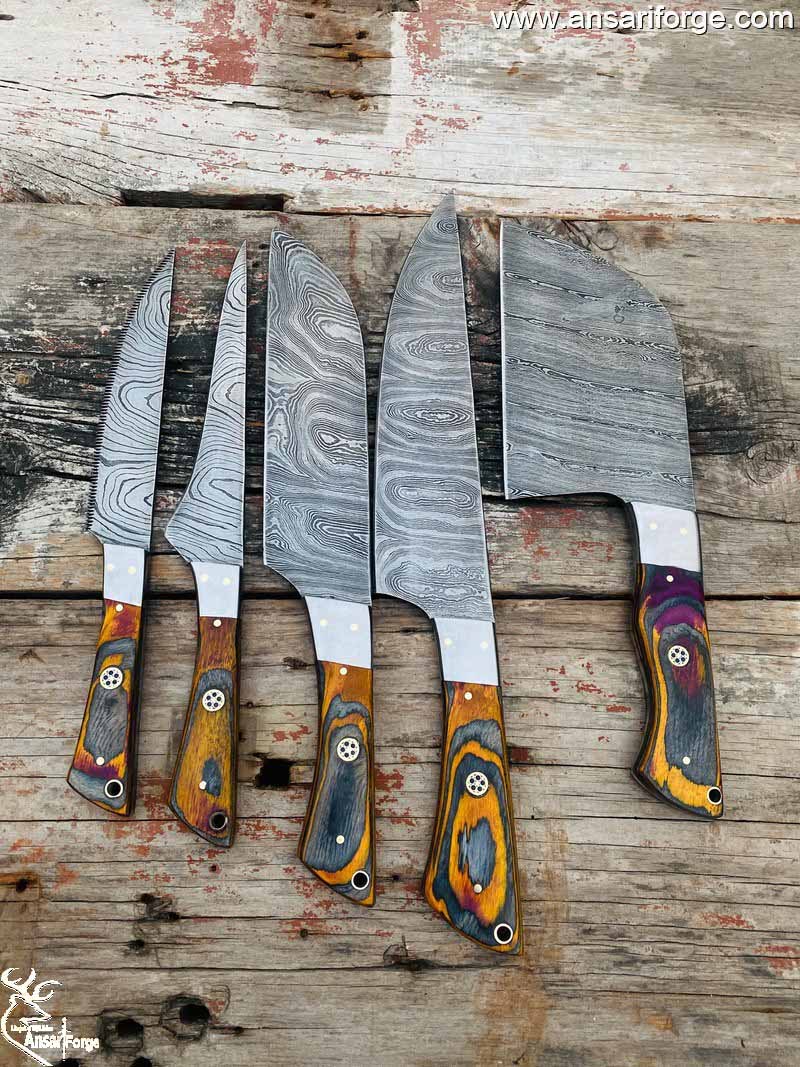 Hand Forged Custom Made Damascus Steel Kitchen Knife 5-Pcs Set FBK-1024  (Orange)