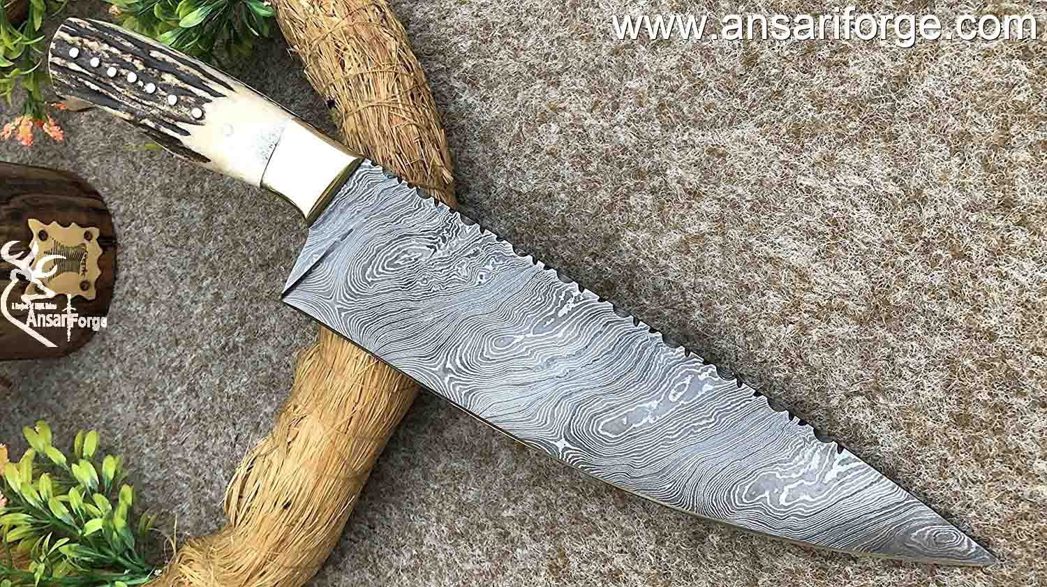 Damascus Kitchen Chef Knives Stag Handle 8  inches with leather