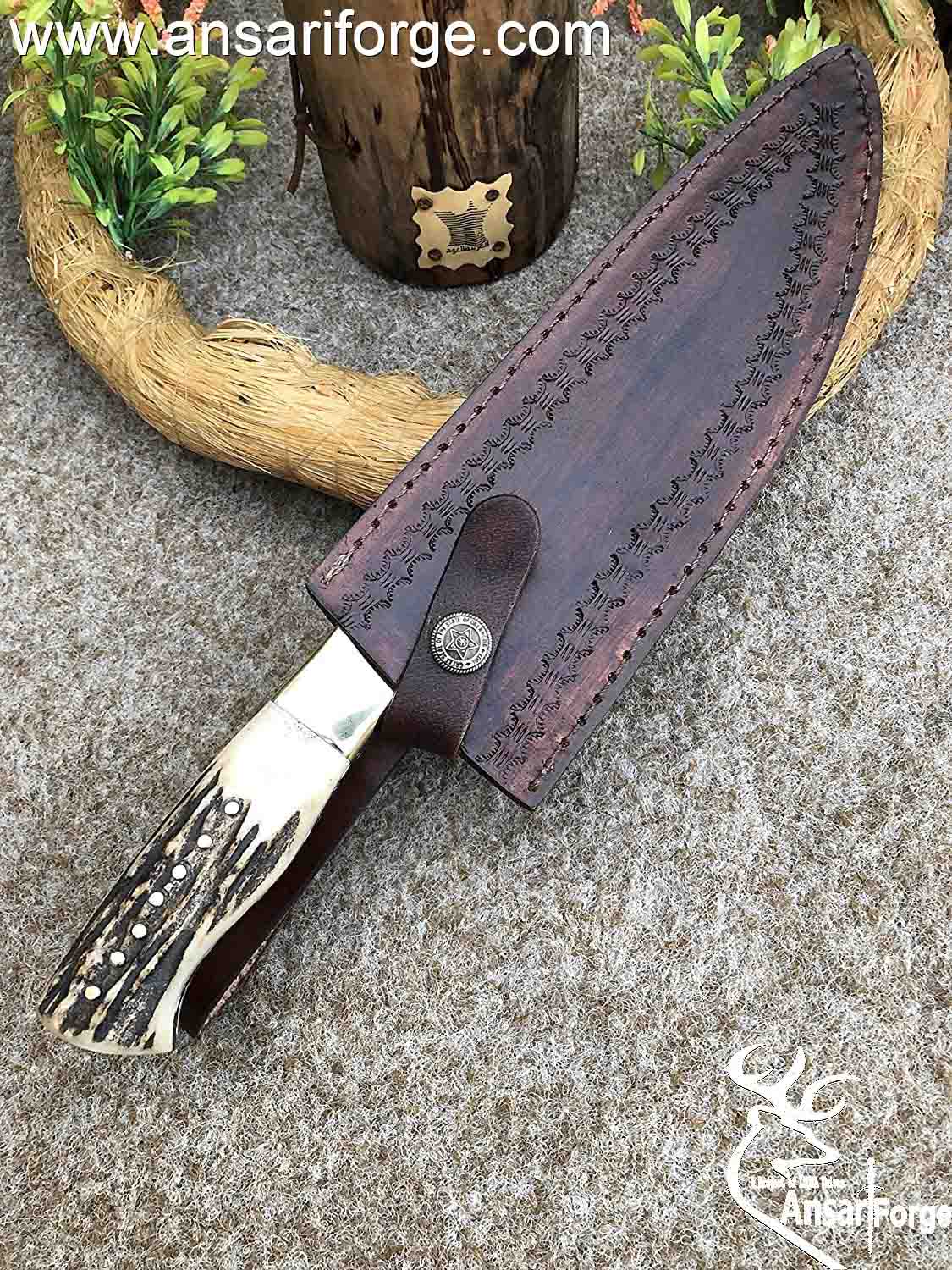 Damascus Kitchen Chef Knives Stag Handle 8  inches with leather