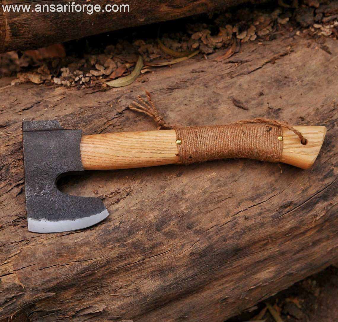 High carbon steel forged throwing axe with leather wrap handle and