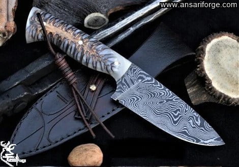 Handmade Damascus Steel Hunting Knife With Pine Cone Handle And Leather Sheath