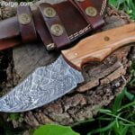 Damascus steel hunting knife with leather sheath - 8.0 " inches custom knife wood handle