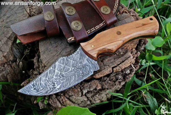 Damascus steel hunting knife with leather sheath - 8.0 " inches custom knife wood handle