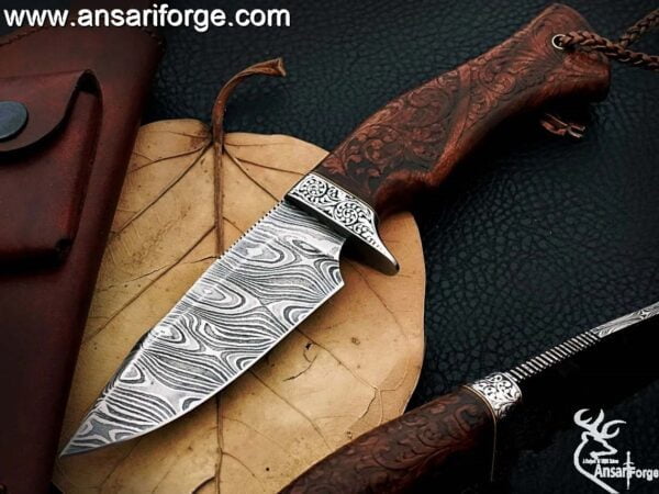 Damascus steel Handmade Wood Carving Handle Engraved Hilt Hunting Knife - Gift For Men