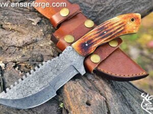 Custom Handmade Damascus Steel Tracker Knife - Stunning Bone Handle & Leather Sheath