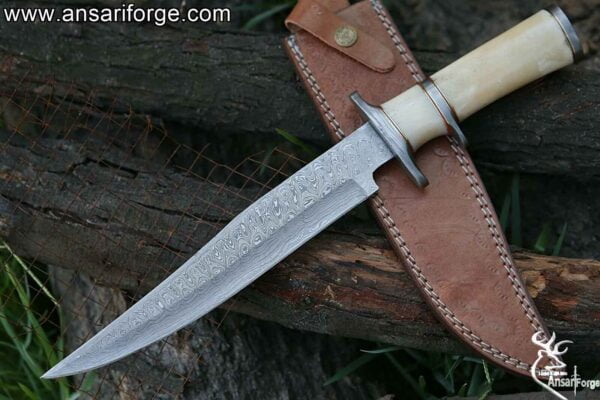 Handmade Damascus Steel Sub Hilt Bone Handle Bowie Knife With Sheath