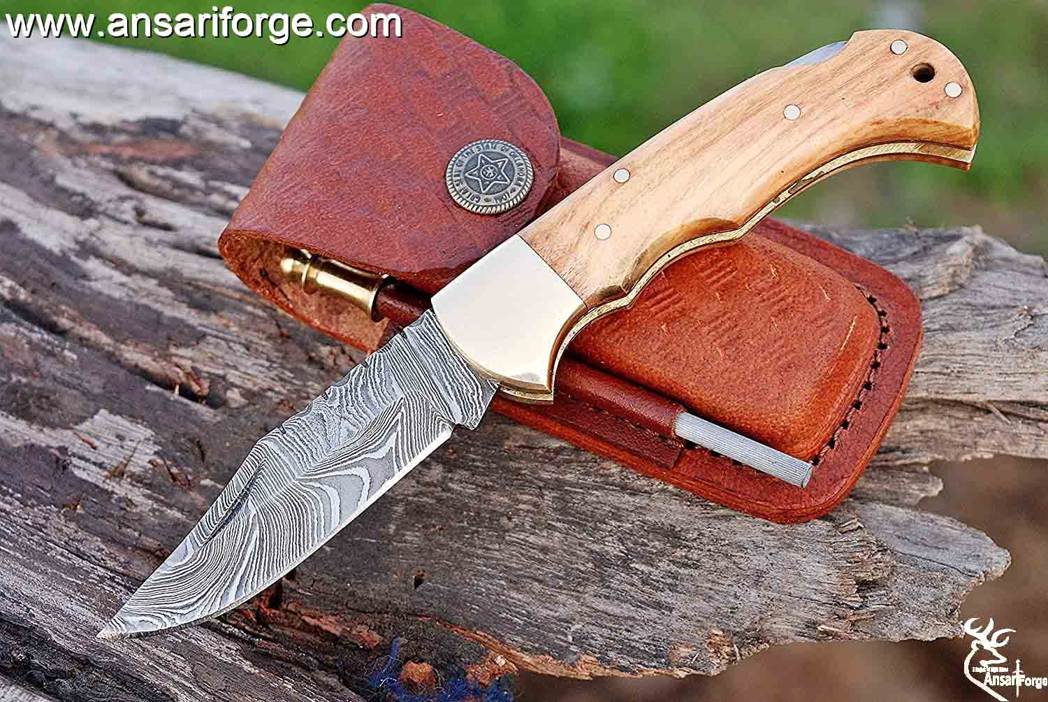 Damascus steel pocket knife handmade lock back folding knife