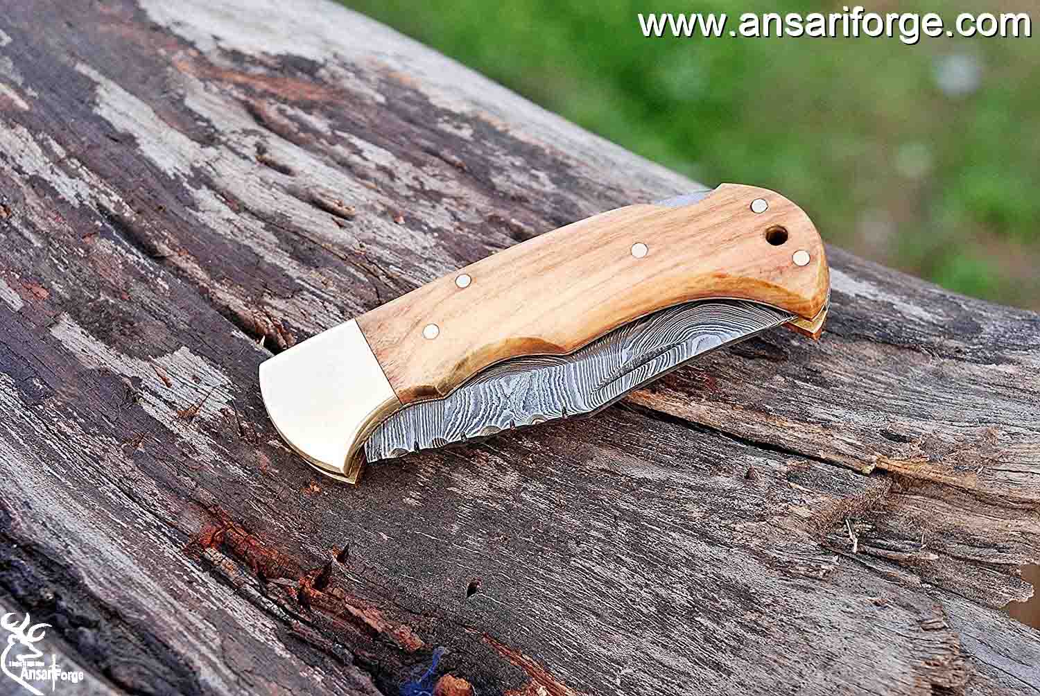 Damascus steel pocket knife handmade lock back folding knife