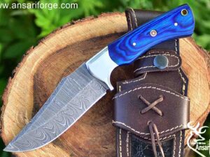 9.0" Overall Length Handmade Damascus Steel Hunting Fixed Blade Skinner Knife With Leather Sheath, Pakka wood Handle Blue