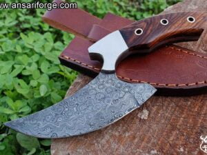 Custom Handmade Damascus Steel Rain Drop Hunting Knife With Leather Sheath