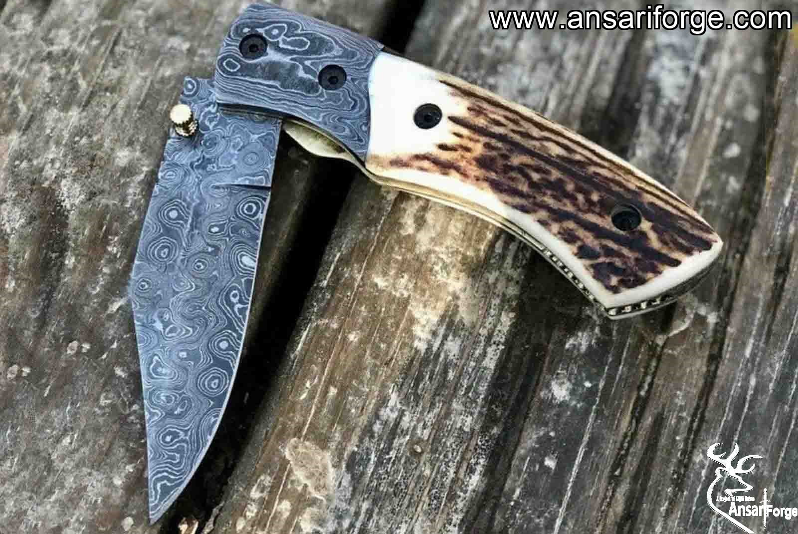 Custom Damascus Folding Pocket Knife with Stag Handle FD-04