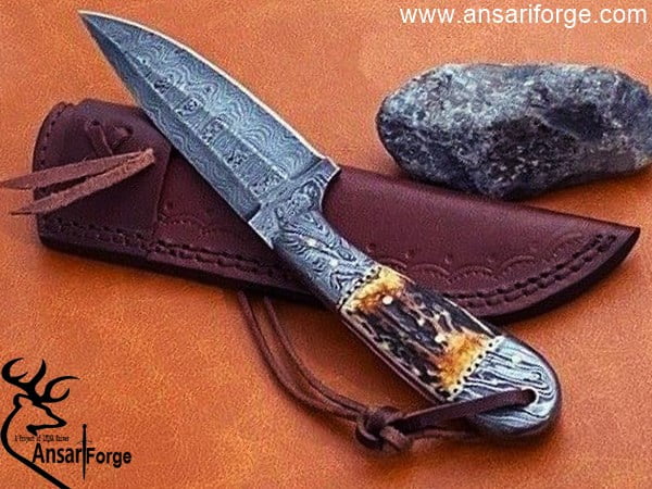 Damascus Steel hunting Knife Stag Antler Handle with Damascus Bolsters & Brass Liners – 8” Handmade Premium Quality Sharp Edge Fix Blade - Genuine Multipurpose Knife – Ideal for Hunting, Camping