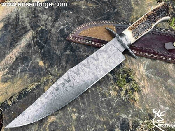 Large Handmade Mosaic Damascus Texas Bowie Knife Stag Antler Handle Hunting Knife With Sheath