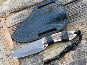 Fixed Blade Hunting Knife Flint Knapped Full Tang Stag Antler Handle Straight Edge and Drop Point 5160 Blade Game Processing Knife, Sheath Included .