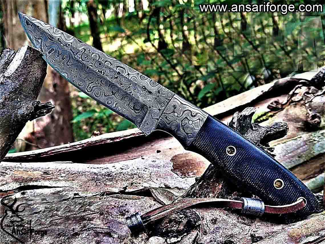 Custom Handmade Fixed Blade Damascus Hunting Knife with Leather Sheath -  Drop Point Rain Drop Blade Utility Knife