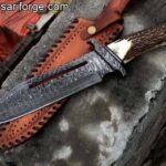 Custom Made Damascus Steel Bowie Knife - Stag Handle Hunting Knife With Sheath