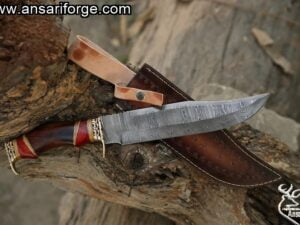 Damascus Bowie Knives Fancy Damascus Bowie Knife Custom Handmade Damascus Steel Hunting Damascus Bowie Knife With Cow Wood Handle Leather Sheath