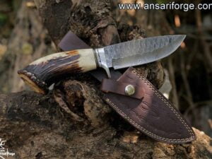 Custom Handmade Real Damascus Steel Hunting Knife - Stag Crown Handle Bowie Knife With Sheath