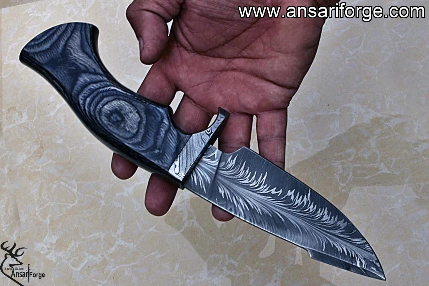 Damascus Steel Feather Pattern Knife EDC with Sheath, Fixed Blade