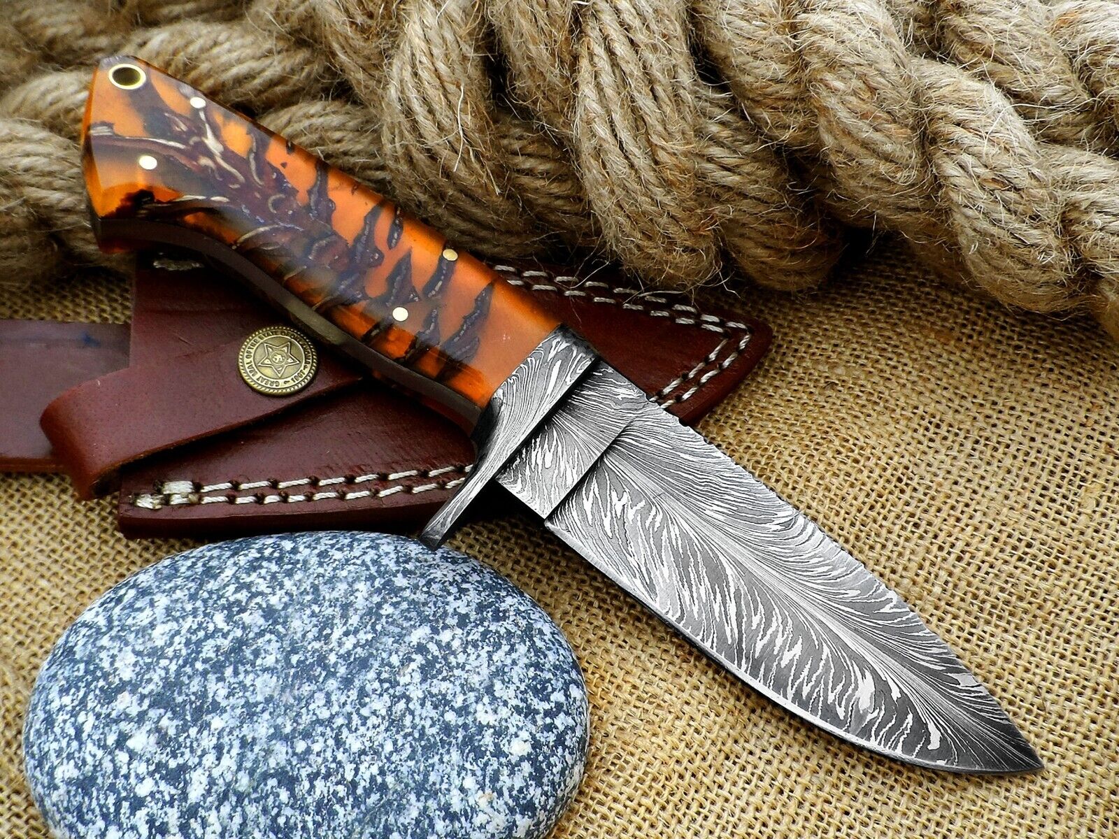 Popular 9” Long Custom Hand Forged Damascus Hunting Knife With Leather Sheath