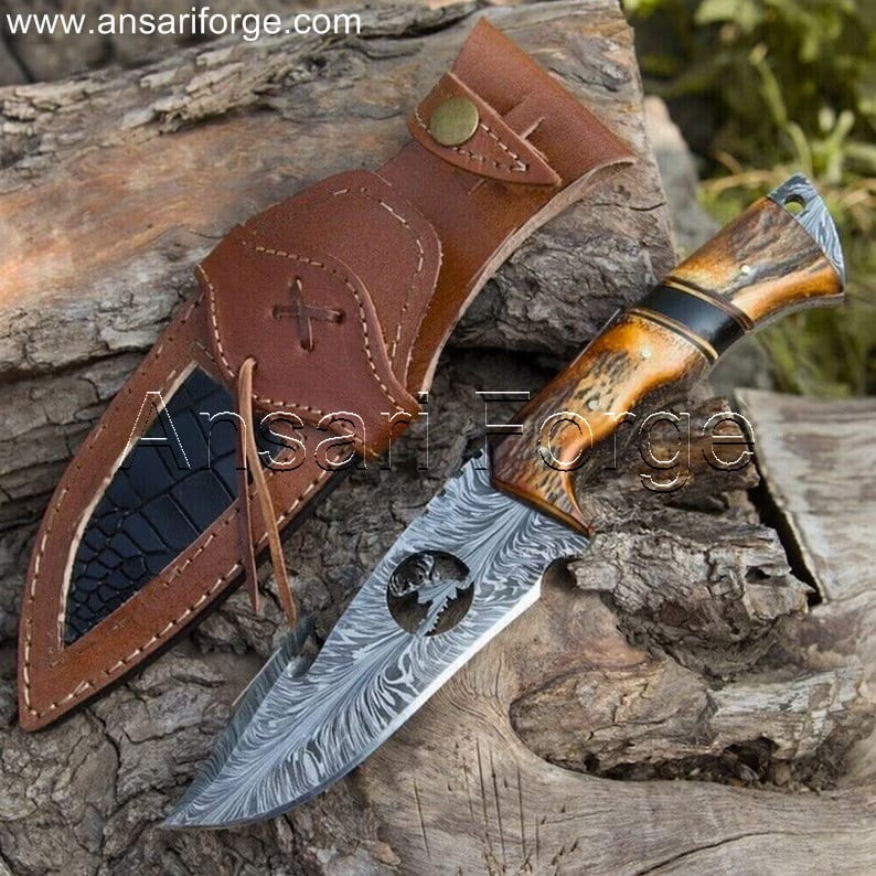 Hand forged skinner knife with gut hook and tooled leather hot sheath