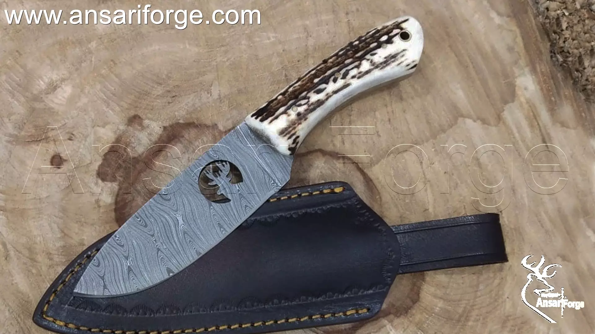 Demascus-knife-antler-handle-